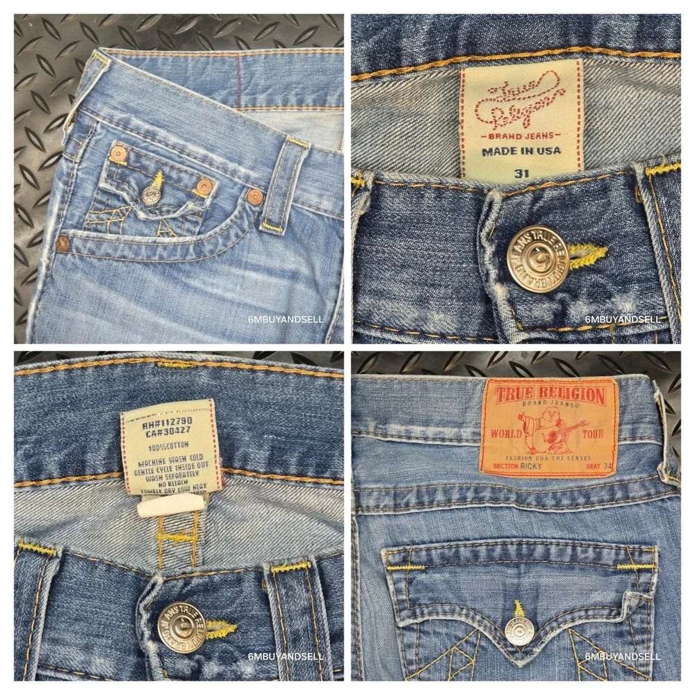 True‎ Religion Ricky Straight Leg Jeans Mens 34 Light Wash Distressed USA Y2K